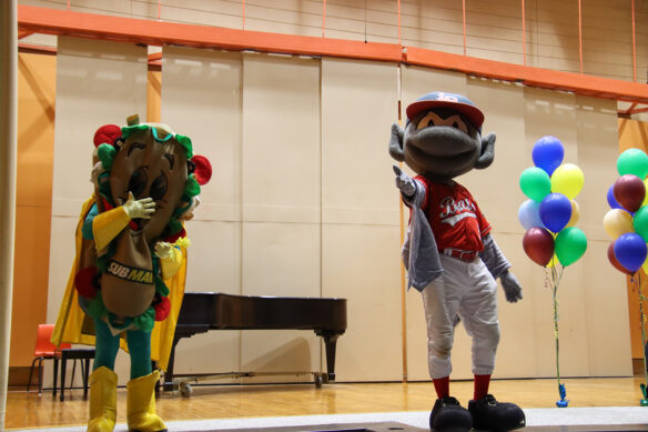 Mascots for Subway and the Louisville Bats baseball team