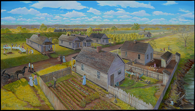 An artist's depiction of DeRoode Street in the Davis Bottom area in the 1890s: six colonial-style homes with people working in the various gardens, a horse-drawn carriage walking alongside other people on a dirt road between the houses