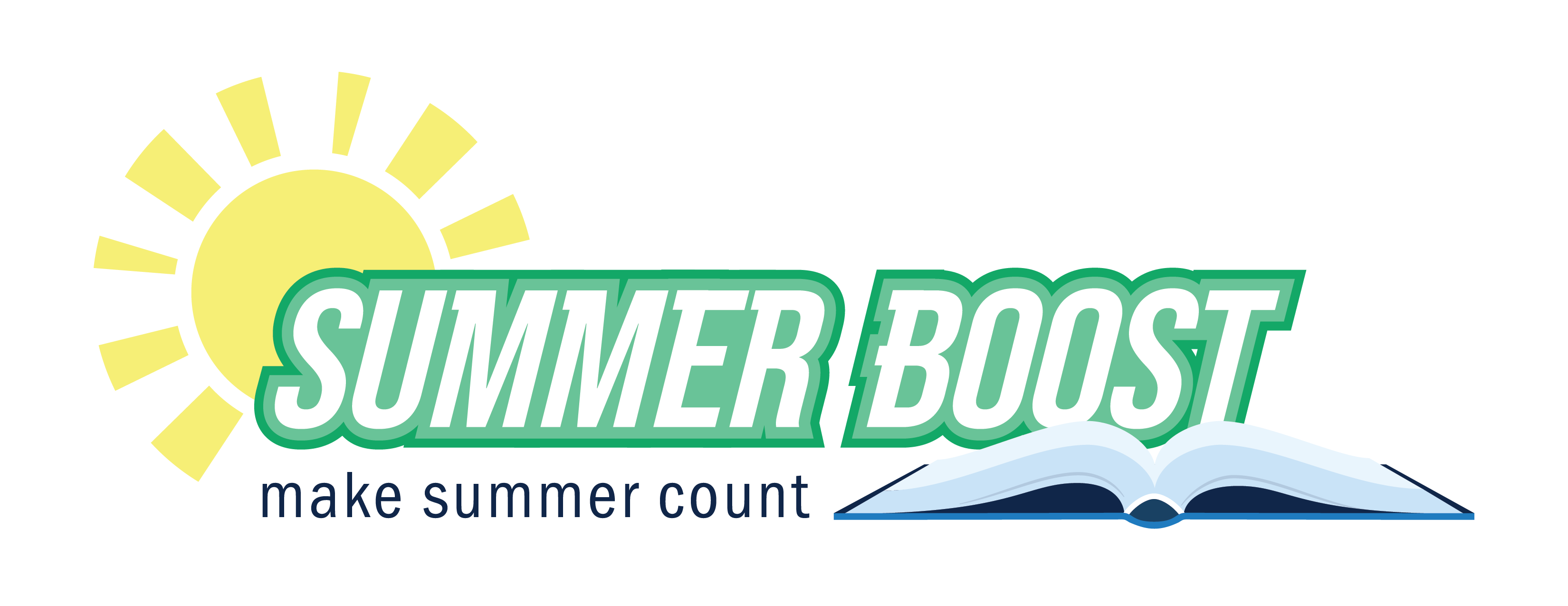 Summer boost graphic, showing an open book and a bright sun. Text reads Summer Boost, make summer count.