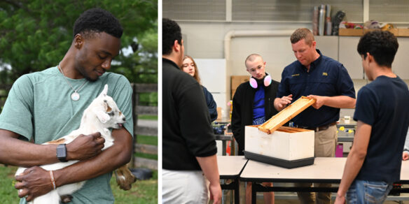 Two images are combined into one, split by a small white bar. On the left, a man holding a goat, and on the right, a man holding an object over a box while four students look on