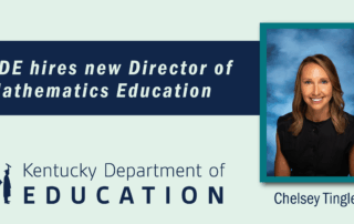 Graphic with a picture of a smiling woman reading, KDE hires new director of mathematics education, Chelsey Tingle