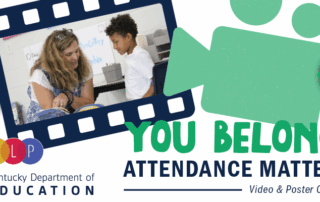 student and teacher inside film strip looking at book