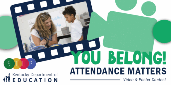 student and teacher inside film strip looking at book