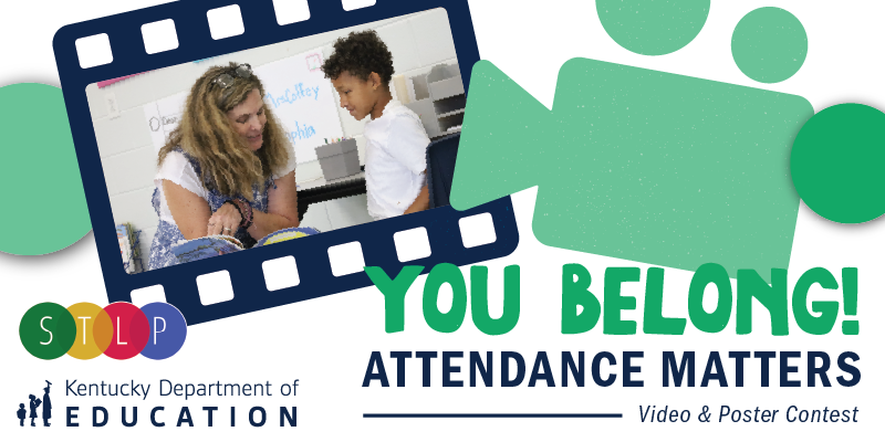 student and teacher inside film strip looking at book