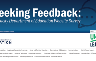 Graphic says Seeking Feedback: Kentucky Department of Education Website Survey and shows the top of the KDE website