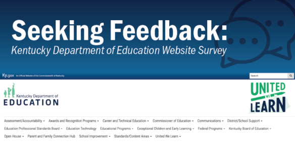 Graphic says Seeking Feedback: Kentucky Department of Education Website Survey and shows the top of the KDE website