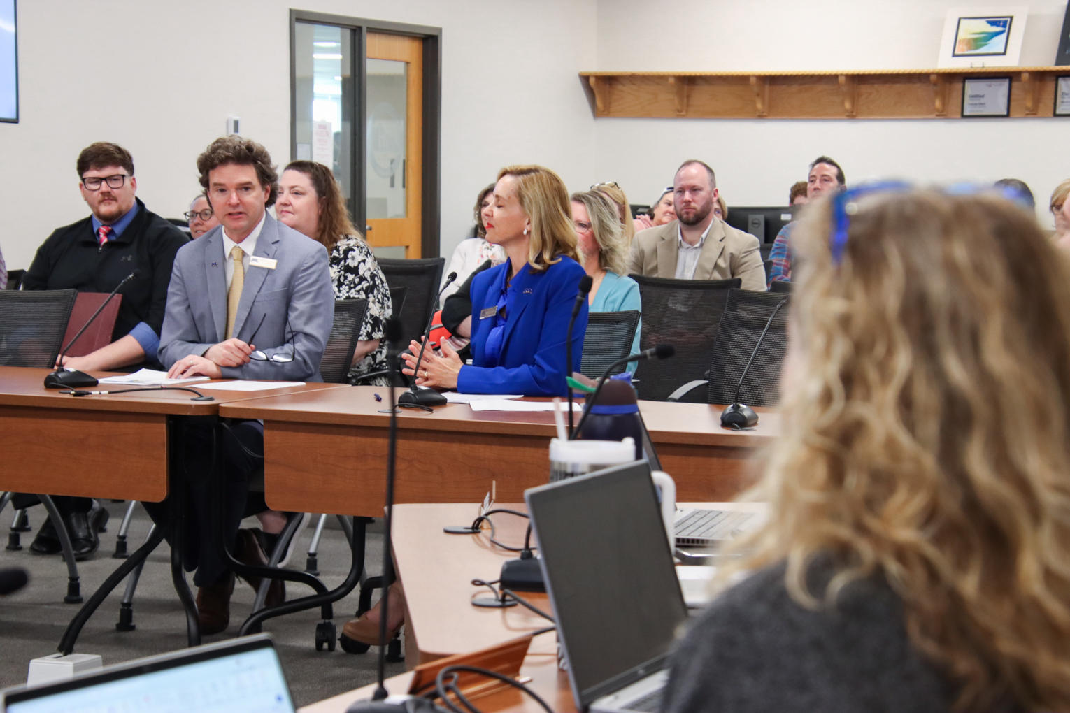 Tim Simpson, left, department chair at Morehead State University, speaks alongside Dean Nicola Mason while presenting to the Educator Professional Standards Board. Photo by Joe Ragusa, Kentucky Department of Education, April 23, 2026