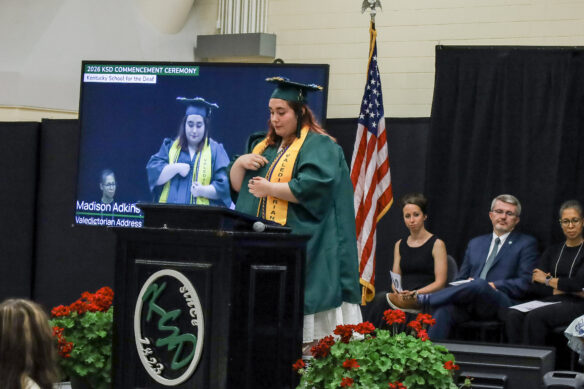 KSD Class of 2026 Valedictorian Madison Adkins stands on stage and addresses her fellow graduates during the ceremony.