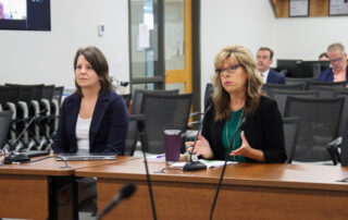 From left, Associate Commissioner Jennifer Stafford and Division Director Shara Savage of the Kentucky Department of Education’s Office of Assessment and Accountability make a presentation about House Bill 257 to members of the Local Superintendents Advisory Council. Photo by Joe Ragusa, Kentucky Department of Education, May 26, 2026