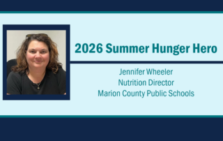 Graphic shows a photo of Jennifer Wheeler, who earned the 2026 Summer Hunger Hero award