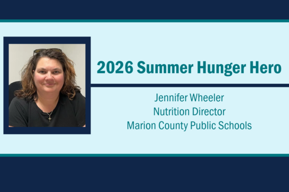 Graphic shows a photo of Jennifer Wheeler, who earned the 2026 Summer Hunger Hero award