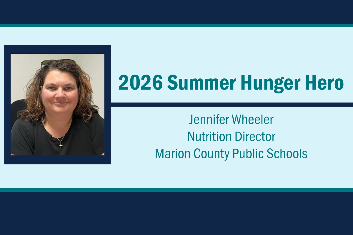 Graphic shows a photo of Jennifer Wheeler, who earned the 2026 Summer Hunger Hero award