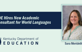 Graphic says KDE hires new consultant for world languages with a headshot of Sara Merideth