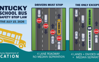 Graphic reading Kentucky School Bus Safety Stop Law, effective July 15, 2026. Drivers must stop for a school bus on a 4-lane roadway with no media separation. The only exception is if the 4 lanes are separated by an unpaved median or elevated barrier.